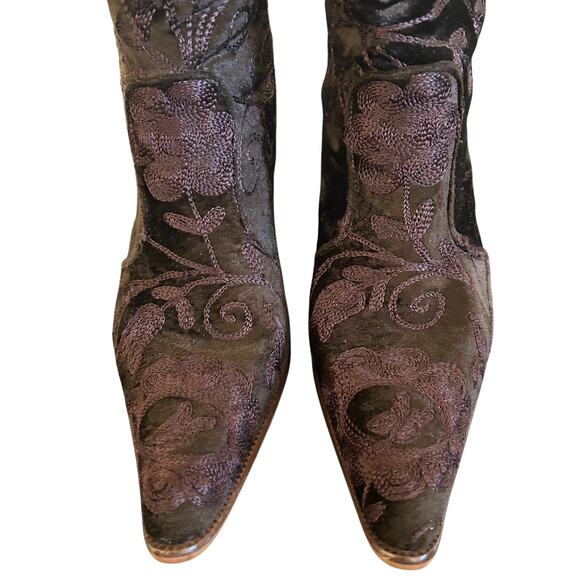 Velvet Embroidered Tall Floral Boots Brown Womens SZ7US/EU37.5 Boho Pointy Toe - Picture 3 of 8